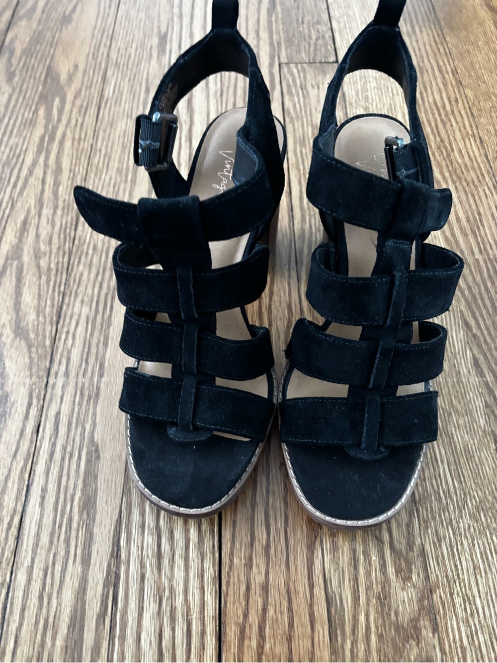 Crown Vintage Black Strappy Suede Wedge Sandals